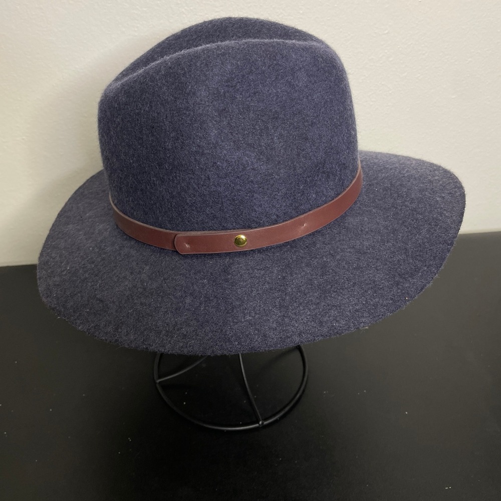 Gap Wool Fedora M/L Tapestry Navy Blue Faux Leather Band Wide Brim Hat Indie